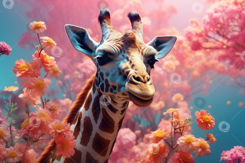 Скачать Жираф в цветах. Портрет животного в розовых букетах, креативная иллюстрация фотосток Ozero