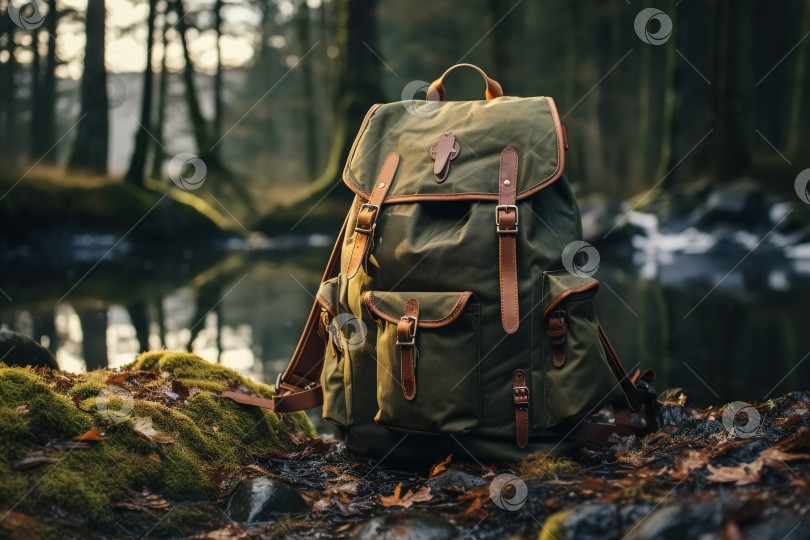 Скачать Зеленый походный рюкзак в лесу на мху, дорожная сумка на природе фотосток Ozero