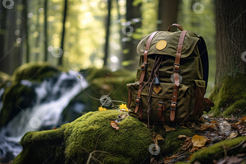 Скачать Поездка, поход, приключение, концепция туризма. Зеленый походный рюкзак в лесу на мху, дорожная сумка на природе с местом для копирования фотосток Ozero