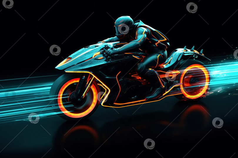 Скачать Вид сбоку на быстро едущего мотоциклиста на современном светящемся велосипеде, футуристическая иллюстрация фотосток Ozero