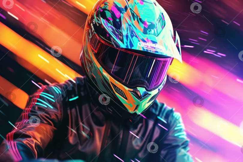 Скачать Мотоциклист в шлеме на футуристическом размытом неоновом фоне, иллюстрация скорости фотосток Ozero