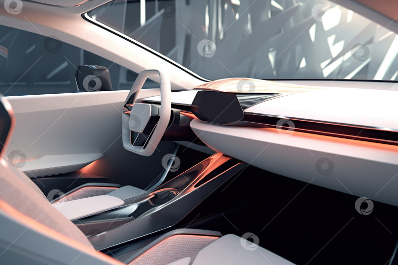 Скачать Минималистичный интерьер автомобиля будущего, футуристический белый дизайн внутри автомобиля. Вид сбоку рулевое колесо, приборная панель фотосток Ozero