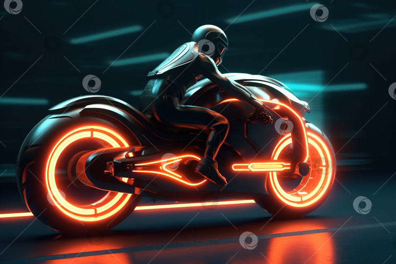 Скачать Быстро движущийся мотоциклист на современном светящемся велосипеде фотосток Ozero