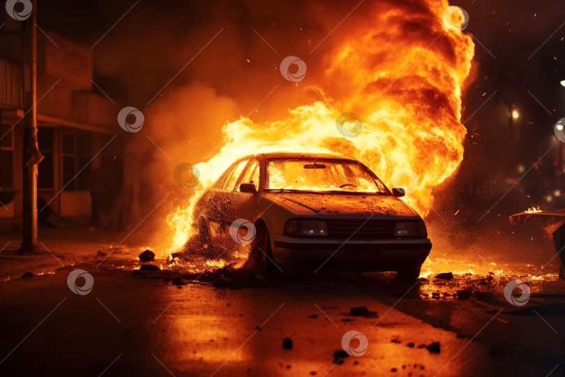 Скачать Горящий автомобиль, транспортное средство в огне, пламя на улице фотосток Ozero