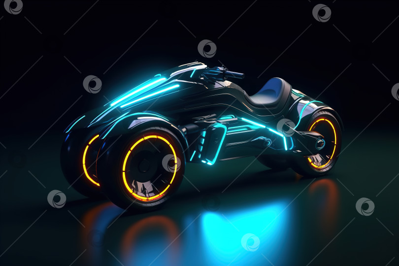 Скачать Футуристический трехколесный электровелосипед, светящийся неоном, мотоцикл будущего, припаркованный в студии фотосток Ozero