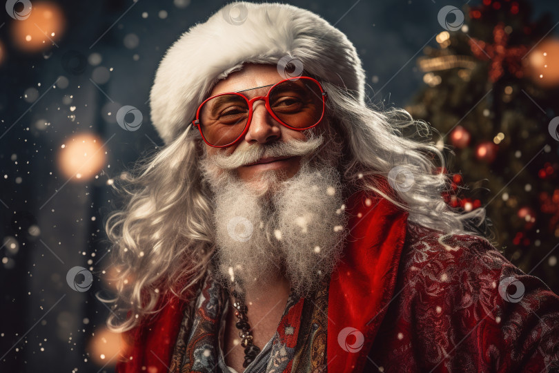Скачать Брутальный Санта-Клаус, улыбающийся пожилой хипстер в очках, рождественская красная шляпа на фоне украшенной елки снежным вечером. Концепция рождественского праздника фотосток Ozero