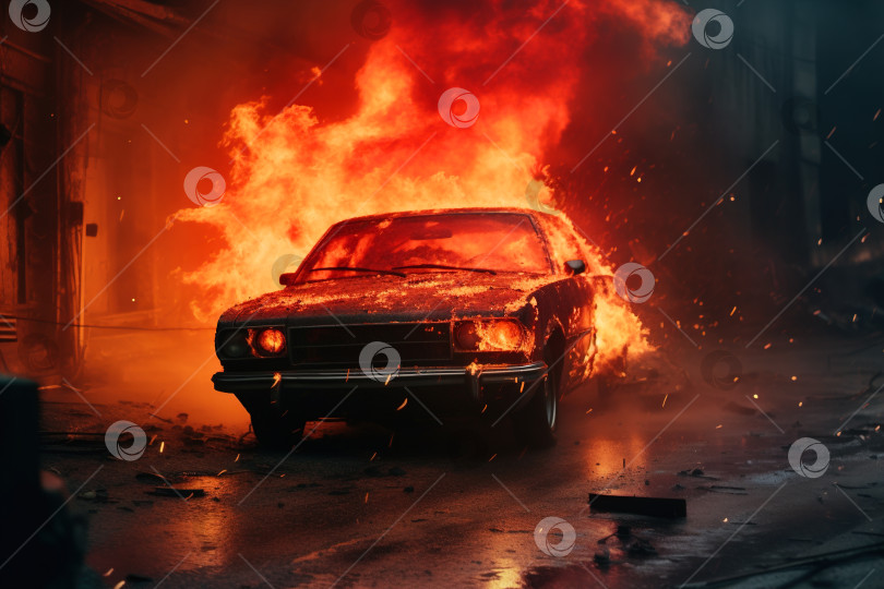 Скачать Концепция преступления, бунта, поджога. Горящий автомобиль на улице ночью, транспорт в огне фотосток Ozero