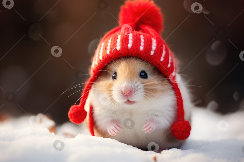 Скачать Милый пушистый маленький хомячок в красной вязаной шапочке, стоящий в снегу зимним днем, крупный план грызуна на открытом воздухе фотосток Ozero