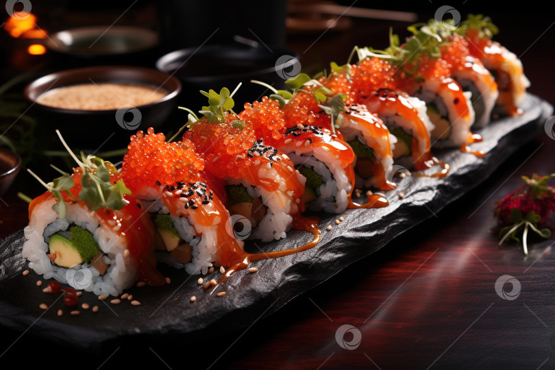 Скачать Набор суши-роллов с сырой рыбой на грифельной доске в ресторане. Традиционное японское блюдо с соусом фотосток Ozero