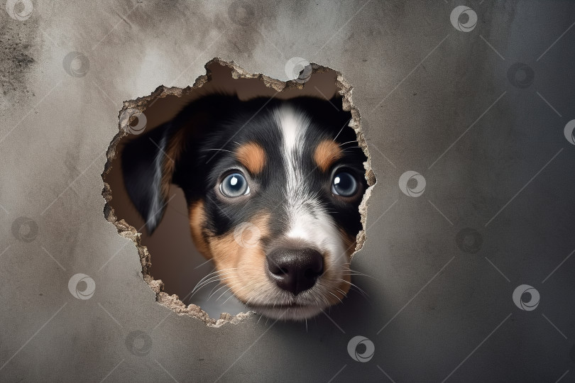 Скачать Любопытный забавный щенок выглядывает через дырку в стене фотосток Ozero