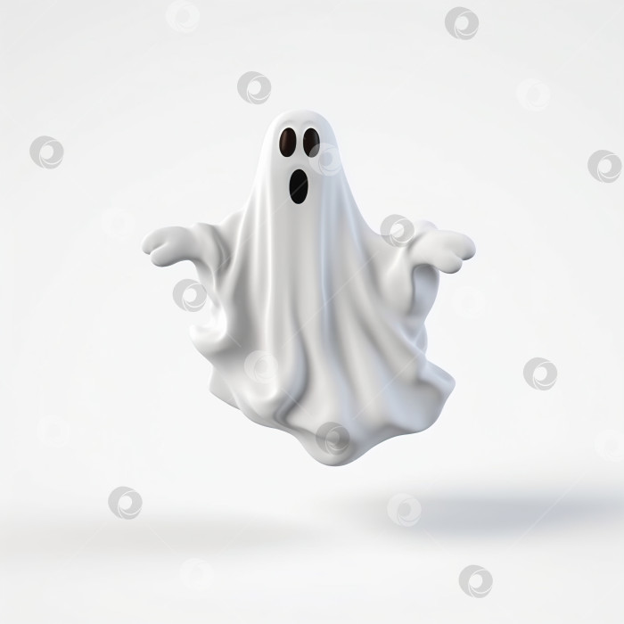 Скачать Озадаченный летающий призрак в белой простыне, иллюстрация Хэллоуина, удивленный забавный дух на белом фоне фотосток Ozero