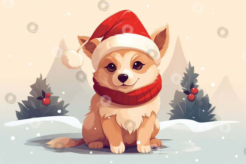 Скачать Улыбающийся щенок в красной шапочке и шарфе, сидящий в зимнем лесу, концепция плоской иллюстрации с Рождеством фотосток Ozero