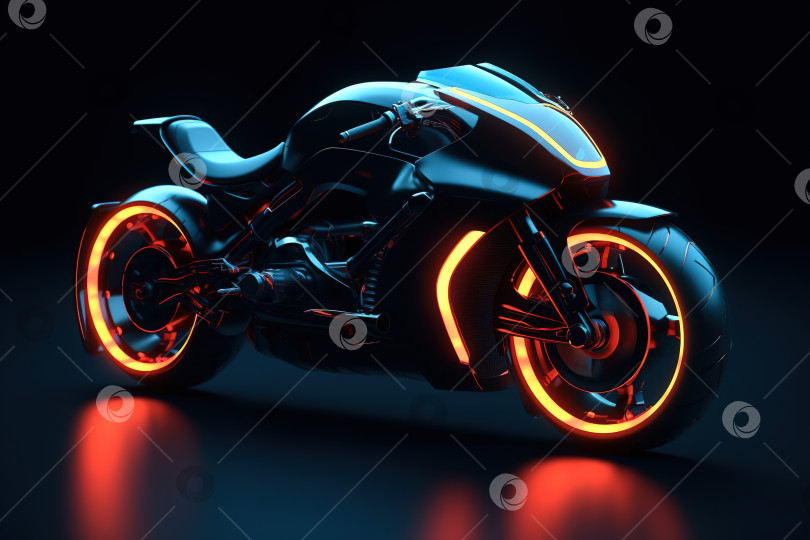 Скачать Мотоцикл будущего, вид сбоку на светящийся оранжевым неоном футуристический электровелосипед фотосток Ozero