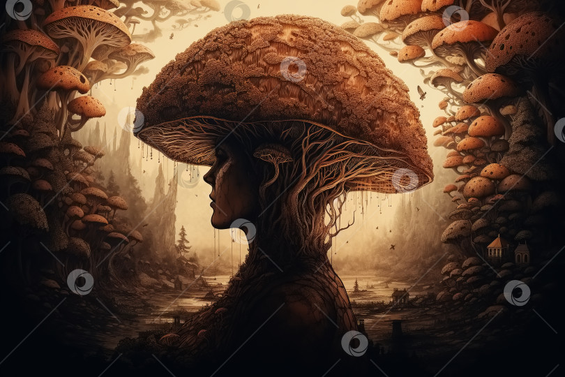 Скачать Сюрреалистическая иллюстрация, концепция грибного психоделического сна. Вид сбоку на самку гриба, растущую из земли в галлюциногенном мире фотосток Ozero
