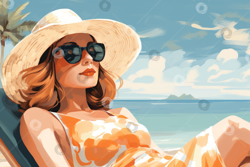 Скачать Красивая кавказская женщина в очках и шляпе отдыхает на пляже солнечным летним днем. Иллюстрация отдыха на море, путешествия, досуг фотосток Ozero