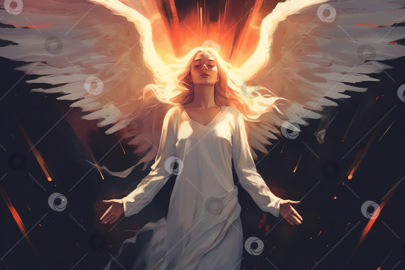 Скачать Иллюстрация красивой молодой женщины-ангела в белом одеянии и с крыльями, женского духа-архангела, молящегося с закрытыми глазами. Концепция чуда, религии и веры фотосток Ozero