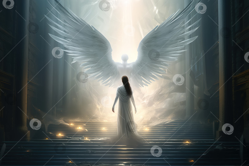 Скачать Религиозное чудо, святая вера, иллюстрация концепции рая. Вид сзади на женщину в белом халате, поднимающуюся по лестнице на небеса, и светящегося ангела с крыльями фотосток Ozero
