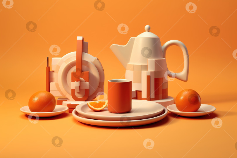 Скачать Иллюстрация модный стиль игрушечный пластиковый милый завтрак на оранжевом фоне фотосток Ozero