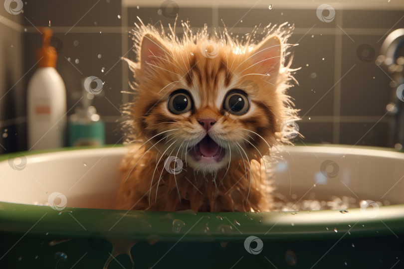 Скачать Кричащий котенок, принимающий ванну, забавная мокрая киска с открытым ртом и большими глазами. Иллюстрация гигиены и ухода за животными фотосток Ozero