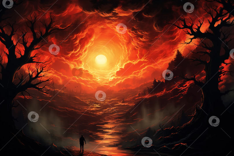 Скачать Апокалипсис, иллюстрация пылающего неба, силуэт человека в безжизненной пустыне ночью фотосток Ozero