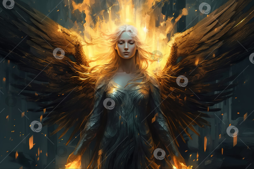 Скачать Фантастическая иллюстрация красивой таинственной женщины-ангела с черными крыльями, женщины-архангела с закрытыми глазами фотосток Ozero