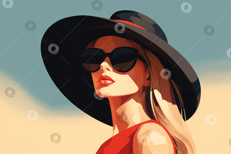 Скачать Портрет молодой кавказской гламурной женщины-модели в солнцезащитных очках и круглой черной шляпе, женская ретро-иллюстрация из модного стильного журнала фотосток Ozero