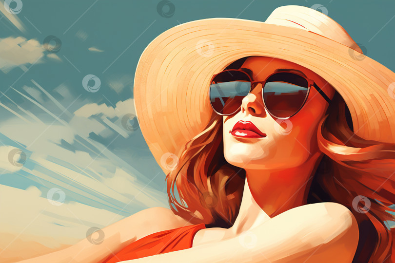 Скачать Иллюстрация отдыха на море, путешествия, досуг. Красивая кавказская женщина в очках и шляпе загорает солнечным летним днем фотосток Ozero