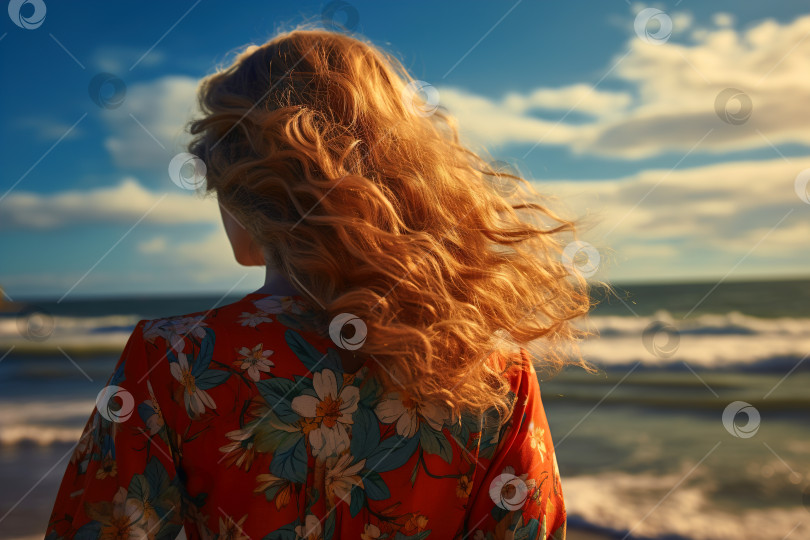 Скачать Одинокая красивая молодая женщина в красном платье стоит на пляже, наслаждаясь морской природой, вид сзади фотосток Ozero