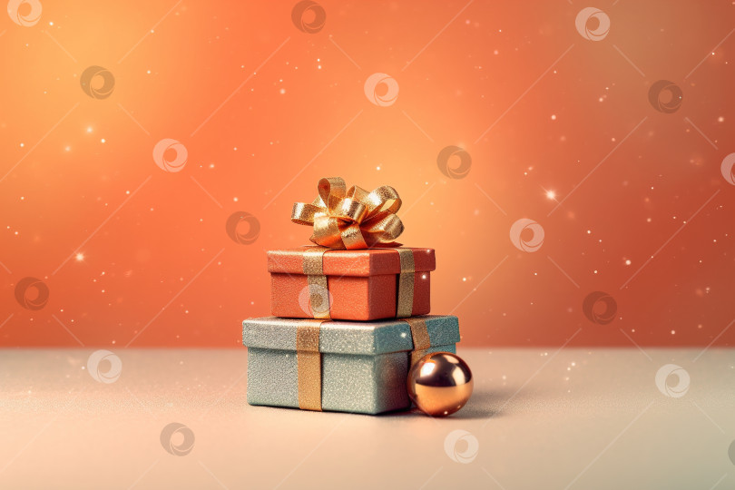 Скачать Концепция "Счастливого Рождества, счастливого Нового года". Две подарочные коробки, украшенные лентами, и шар на праздничном фоне фотосток Ozero