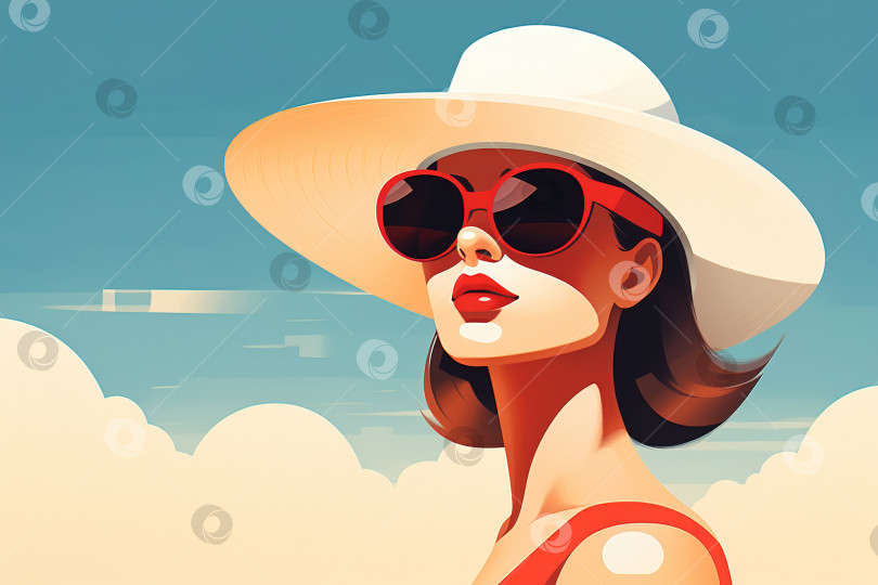 Скачать Стильная молодая кавказская гламурная женщина-модель в солнцезащитных очках и круглой шляпе на фоне неба в солнечный день, модная женская иллюстрация фотосток Ozero