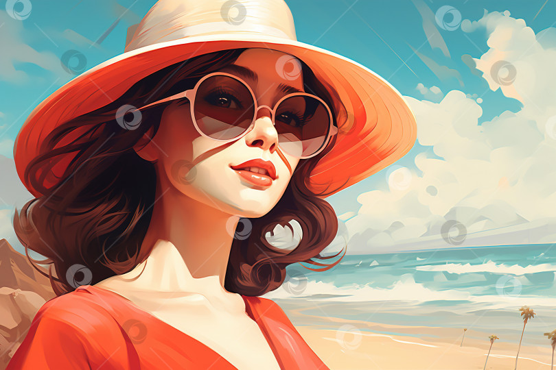 Скачать Симпатичная молодая кавказка в отпуске на море, портрет улыбающейся дамы в очках и шляпе на пляже в солнечный летний день, иллюстрация фотосток Ozero
