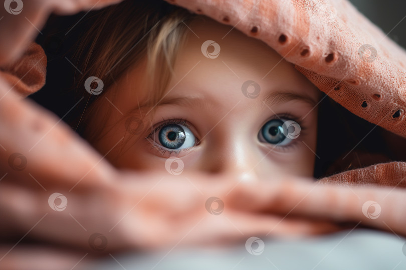 Скачать Крупный план детского глаза, симпатичная маленькая кавказская девочка выглядывает из-под одеяла фотосток Ozero