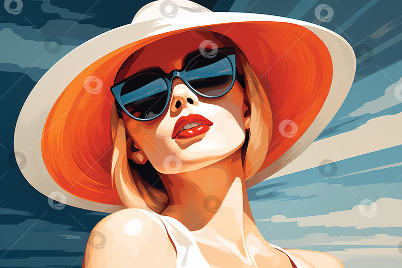 Скачать Крупный план стильной чувственной молодой блондинки в солнцезащитных очках и круглой красной шляпе на фоне голубого неба, женственная сексуальная иллюстрация фотосток Ozero