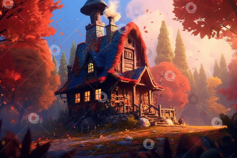 Скачать Сказочный домик с дымоходом в осеннем лесу. Иллюстрация фантастического здания с окнами и внешней крышей фотосток Ozero