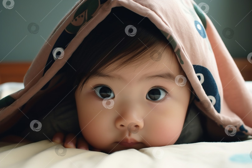 Скачать Маленькая азиатская девочка лежит в постели под одеялом, ребенок выглядывает из-под одеяла. Портрет очаровательного милого личика ребенка, черные глаза смотрят в камеру фотосток Ozero