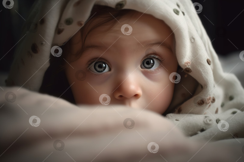 Скачать Забавный милый кавказский ребенок под одеялом в постели. Портрет симпатичного маленького новорожденного ребенка, смотрящего в камеру, крупным планом лицо с глазами фотосток Ozero