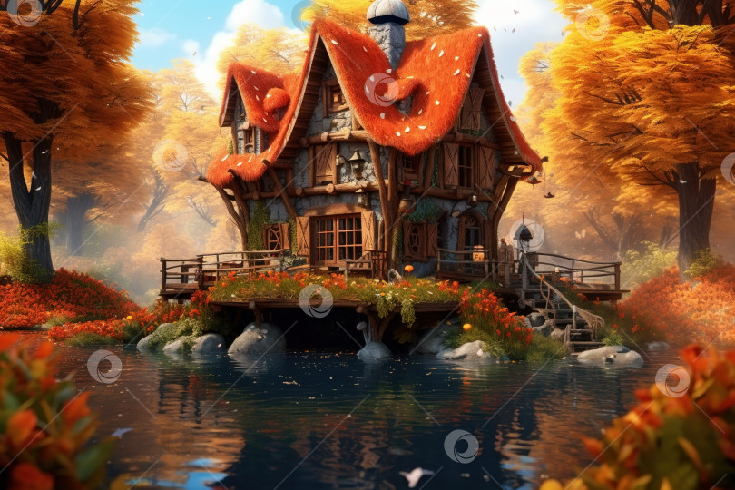 Скачать Милый сказочный домик в осеннем лесу на берегу пруда, небольшое здание с окнами и травяной крышей. Иллюстрация фотосток Ozero