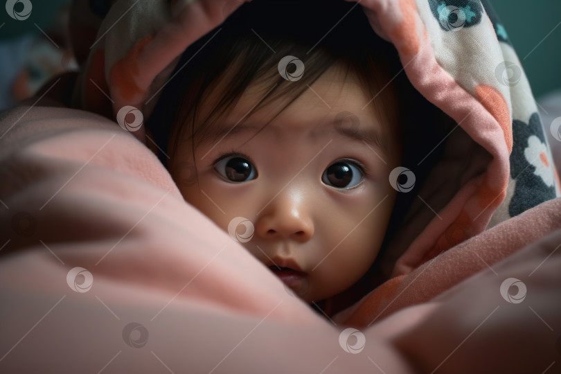 Скачать Забавная симпатичная азиатская малышка под одеялом в постели. Портрет маленькой новорожденной девочки с черными глазами, смотрящей в камеру фотосток Ozero