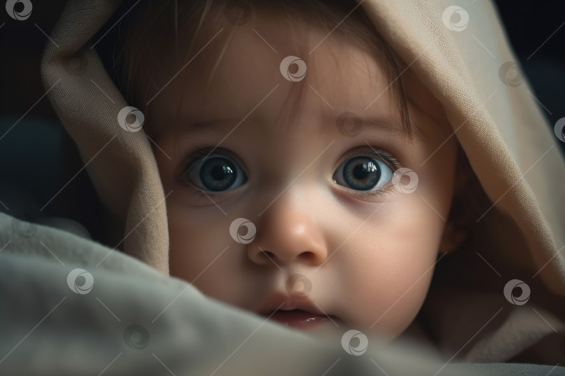 Скачать Портрет милого кавказского невинного младенца под одеялом в постели, симпатичный маленький новорожденный ребенок смотрит в камеру большими глазами фотосток Ozero