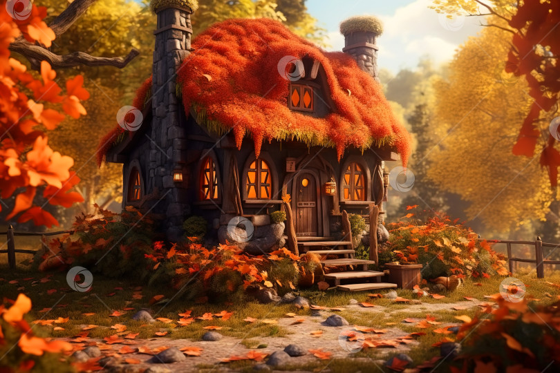 Скачать Сказочный домик в осеннем лесу, фантастическое маленькое здание с окнами и оранжевой травяной крышей, иллюстрация фотосток Ozero