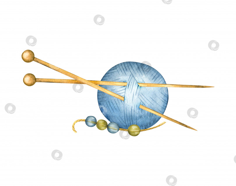 Скачать Акварельная иллюстрация, моток ниток и спицы для вязания, трикотажная пряжа, бохо, рукоделие, наклейка, шерсть, рогожка, лен, хлопчатобумажная нить, клубок, нитки для вязания, моток ниток, шерсть, вязаная текстура, имитация вязания синим, голубым, морским, индиго. фотосток Ozero