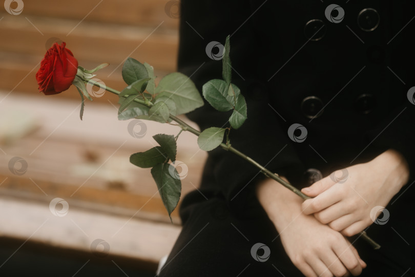 Скачать Парень ждет девушку на свидание. Мальчик в черном пальто с цветком розы фотосток Ozero