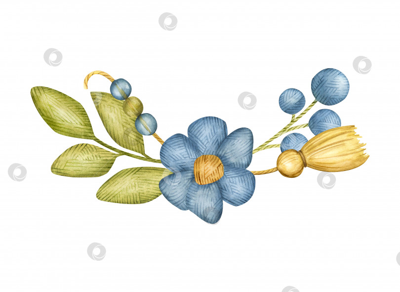 Скачать Акварельная иллюстрация, вязаная пряжа, бохо, рукоделие, наклейка, шерсть, рогожка, лен, хлопчатобумажная нить, голубой цветок, горошина, веточка, букет, нитки для вязания, моток ниток, шерсть, вязаная текстура, имитация вязания синим, голубым, морским, индиго. фотосток Ozero
