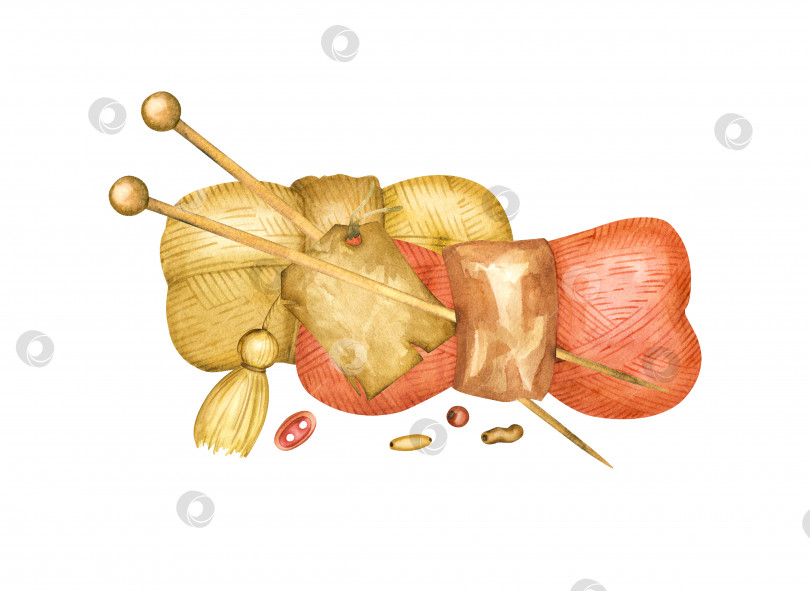 Скачать Акварельная иллюстрация, вязальные спицы, бисер, пряжа, пуговицы, трикотажная пряжа, клубок, нитки для вязания, моток ниток, шерсть, вязаная текстура, имитация вязания красным и алым фотосток Ozero