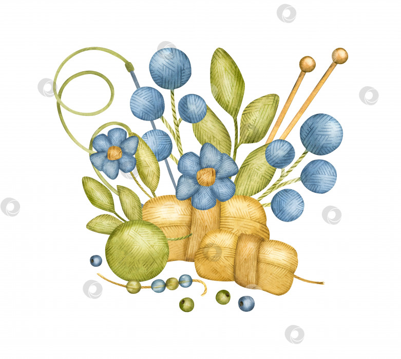 Скачать Акварельная иллюстрация, вязаные голубые цветы, цветочная композиция, вязаный букет, пряжа, бабочки и цветы, имитация вязания фотосток Ozero