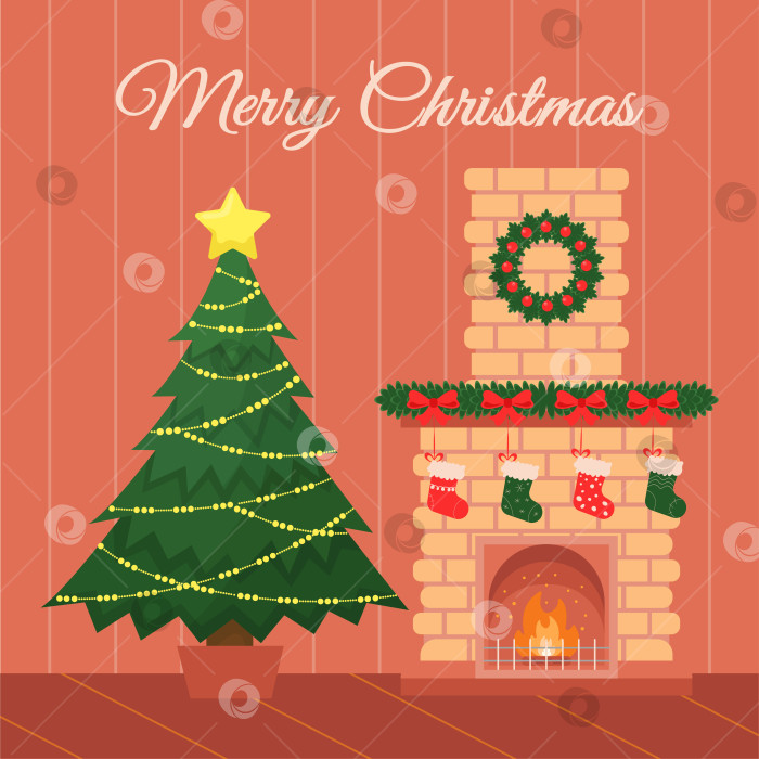 Скачать Украшенная рождественская елка, уютный камин с носками для подарков и венком фотосток Ozero
