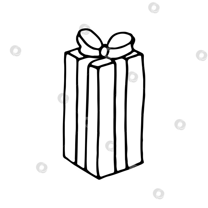 Скачать Подарок в виде черного каракуля с лентой и значком-бантом. Черно-белый векторный элемент контура для праздничной тематики фотосток Ozero