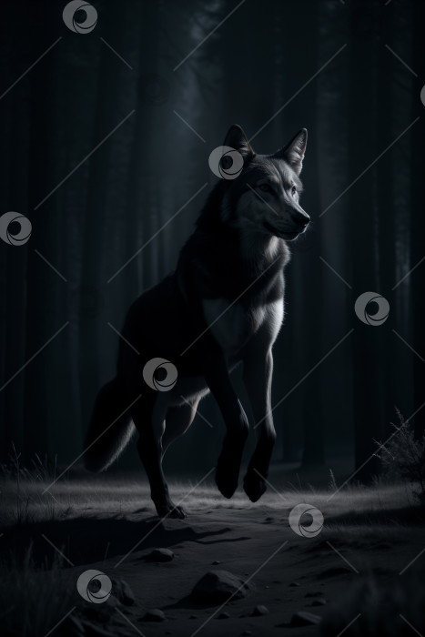 Скачать Волк прыгает ночью по лесу фотосток Ozero