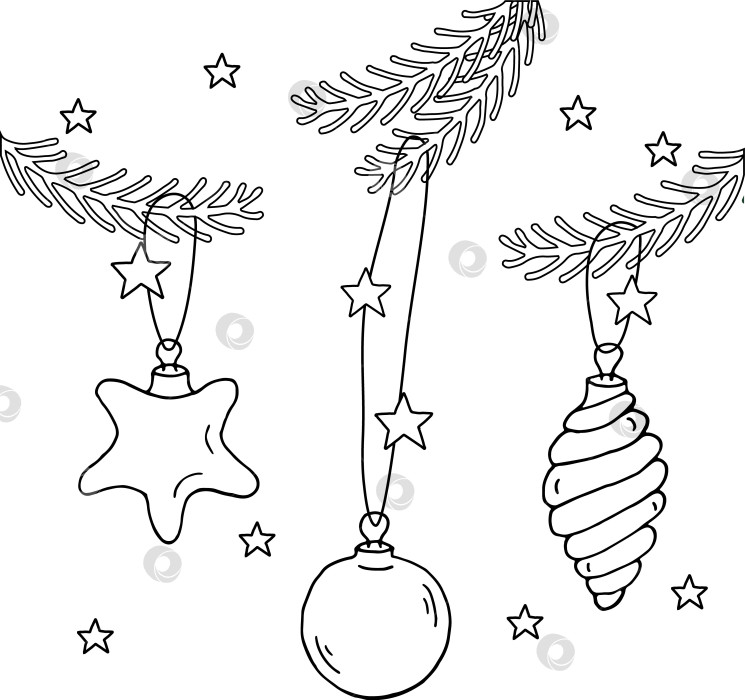 Скачать Страница книжки-раскраски. Рождественские шары по спирали, звезды, поздний завтрак на елке. Векторная иллюстрация. фотосток Ozero