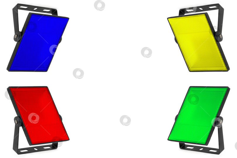 Скачать Набор цветных изолированных светодиодных прожекторов с креплением на белом фоне. фотосток Ozero